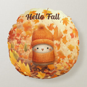 Coussins Ronds Un mignon oiseau d'automne habillé pour l'automne