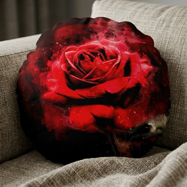 Coussins Ronds Une rose rouge aquarelle sur fond noir (One Red Rose Watercolor on Black Background. Round Pillow)