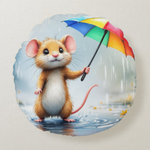 Coussins Ronds Une souris avec un arc-en-ciel parapluie pluie aqu