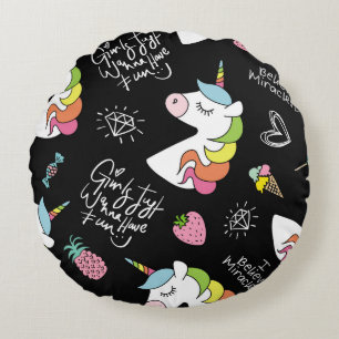 Coussins Ronds Unicorne, fraise, ananas, dessins à la crème glacé