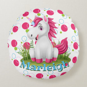 Coussins Ronds Unicorne mignonne avec nom Oreiller à lancer rond