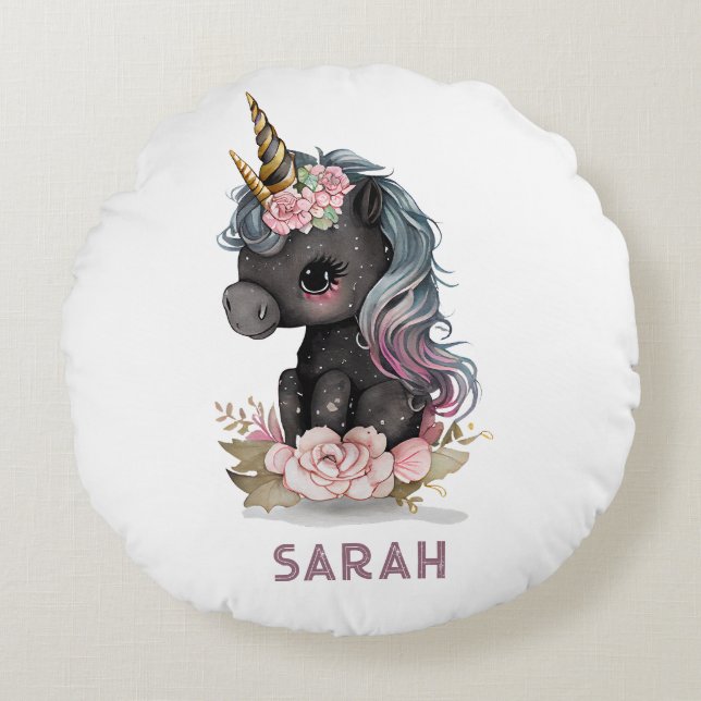 Coussins Ronds Unicorne noire mignonne avec Fleurs Aquarelle Unic (Devant)
