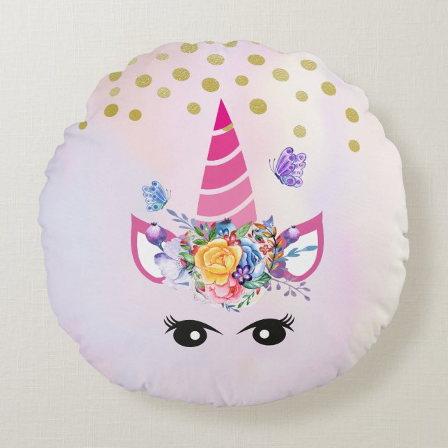 Coussins Ronds Unicorne tendance avec Fleurs Papillons & Confetti (Devant)