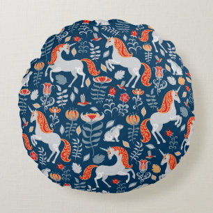 Coussins Ronds Unicornes, lapins, oiseaux, fleurs sur fond bleu