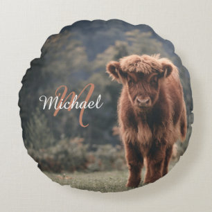 Coussins Ronds Vache de Highland calvaire herbe d'automne monogra