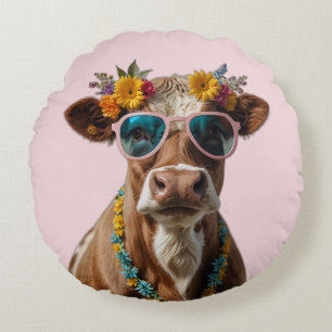 Coussins Ronds Vache gaie avec lunettes de soleil
