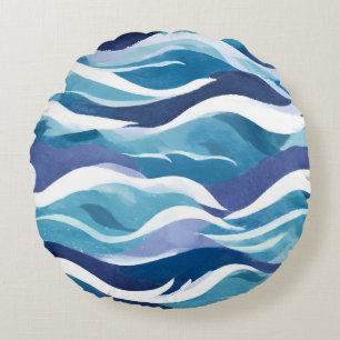 Coussins Ronds Vagues de l'océan bleu Aquarelle moderne et simp