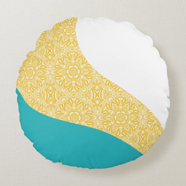 Coussins Ronds Vagues simples - Motif floral Turquoise et Jaune (Devant)
