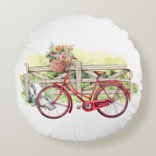Coussins Ronds Vélo rouge avec Fleurs Aquarelle