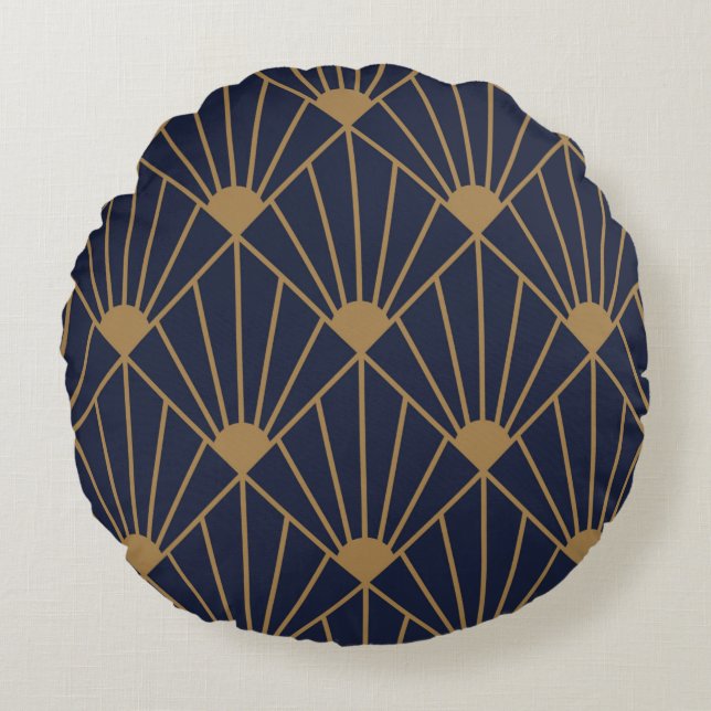 Coussins Ronds Ventilateur Gold Navy Blue Art Déco (Devant)