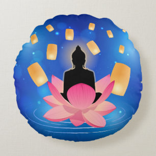 Coussins Ronds Vesak Day Bouddha sur Lanterne Lotus Vaisakha