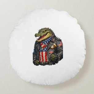 Coussins Ronds Veste en cuir de motard d'alligator patriotique fé
