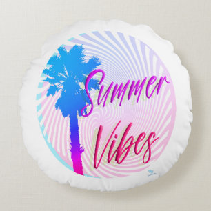 Coussins Ronds Vibes été Neon Palm Tree Beach Lifestyle