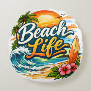 Coussins Ronds Vie de plage - Surf au coucher du soleil tropical