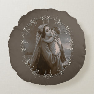Coussins Ronds Vierge vintage et enfant avec cadre argenté