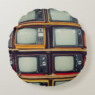 Coussins Ronds Vieux écran noir de télévision rétro