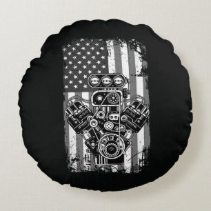 Coussins Ronds Vieux Véhicule Musclé Piston Drapeau Américain Drô
