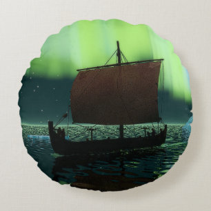 Coussins Ronds Viking Navire Et Lumières Du Nord