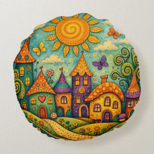 Coussins Ronds Village de conte de fées fantaisiste Art sur toile