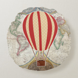 Coussins Ronds Vintage Adventure Hot Air Balloon Carte du monde
