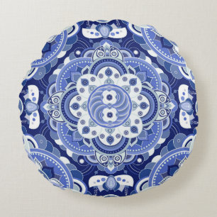 Coussins Ronds Vintage bleu géométrique, ornement indien.