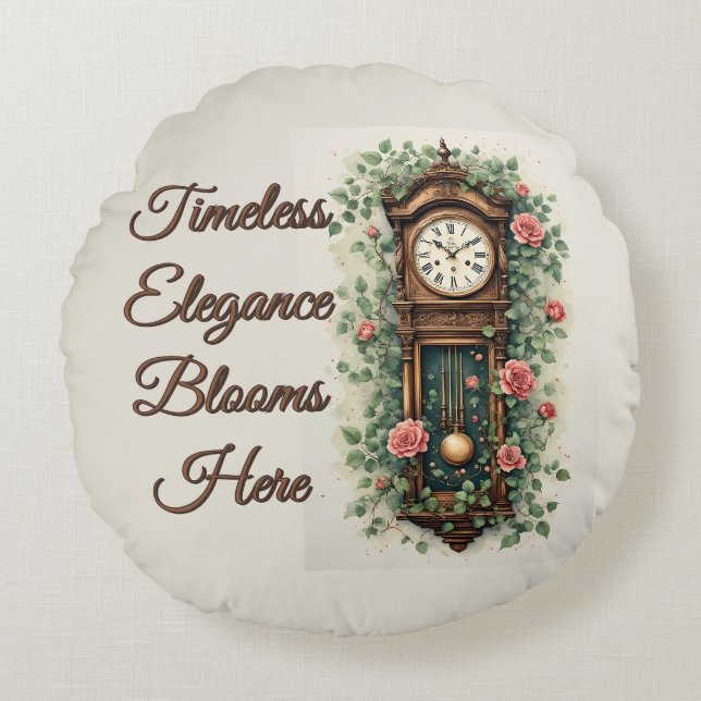 Coussins Ronds Vintage Clock Surrounded by Roses and Vines (Devant)
