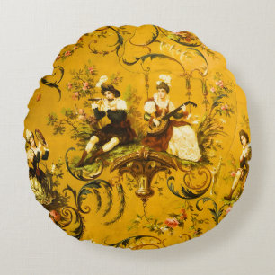Coussins Ronds Vintage French Gold Yellow Toile Victorian Floral