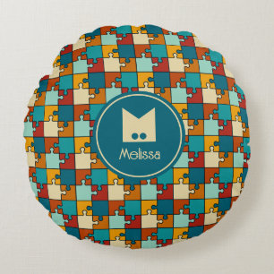 Coussins Ronds Vintage Jigsaw Puzzle Pièces Motif Monogramme