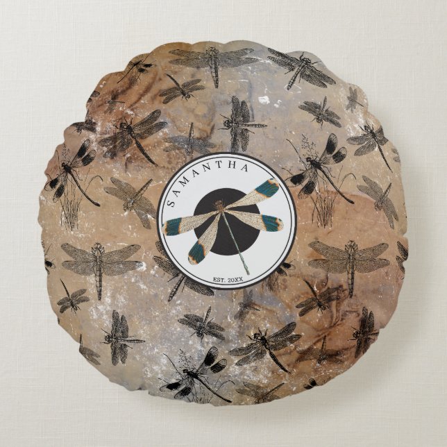 Coussins Ronds Vintage libellule Entomologie détenue Monogramme (Devant)