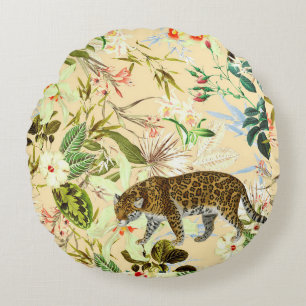 Coussins Ronds Vintage Moderne Fleur Tiger Jungle Tropical