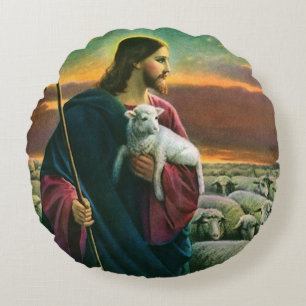 Coussins Ronds Vintage Religion, Christ Bon Pasteur avec troupeau