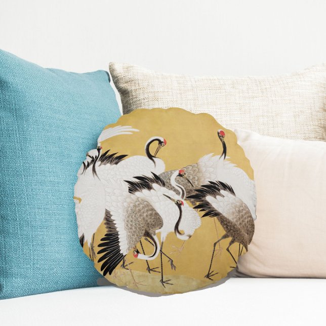 Coussins Ronds Vintages troupeaux d'oiseaux de grue japonais (Créateur téléchargé)