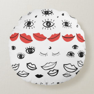 Coussins Ronds Vintages yeux, motif des lèvres rouges.
