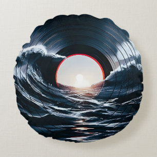 Coussins Ronds Vinyle Vintage Surf Vague Océan Musique Rétro