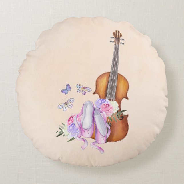 Coussins Ronds Violon, Chaussures de Ballet, Fleurs et Papillons (Devant)