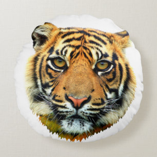 Coussins Ronds Visage animal sauvage de tigre sur blanc