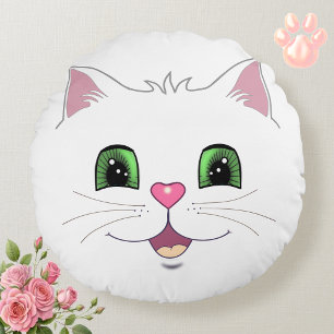 Coussins Ronds Visage de chat mignon drôle sur oreiller rond blan