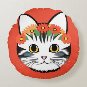 Coussins Ronds Visage de Chat Mignon Illustration Vibrante