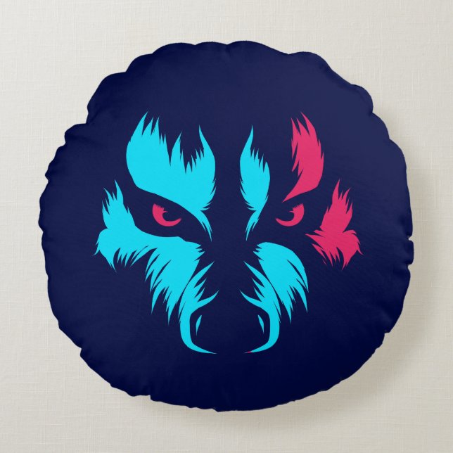 Coussins Ronds Visage de Loup Néon (Devant)