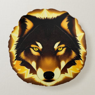 Coussins Ronds Visage de Loup Radieux Illuminé par une Lumière Do