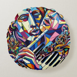 Coussins Ronds Visages et instruments abstraits
