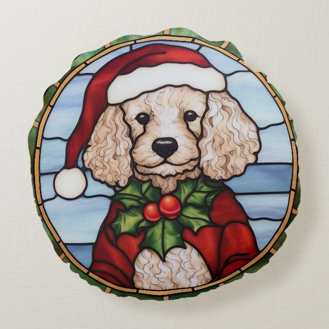 Coussins Ronds Vitrail de Noël Caniche (Dos)