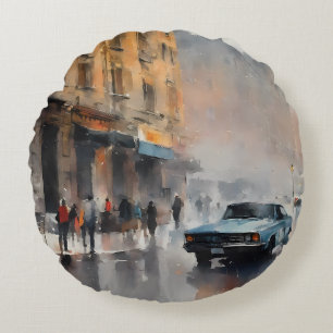 Coussins Ronds Voiture bleue vintage à Foggy Cityscape
