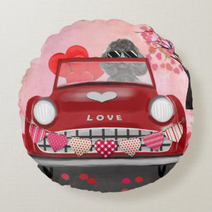 Coussins Ronds Voiture de chien caniche avec coeurs Saint-Valenti