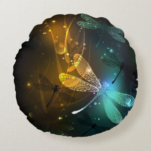Coussins Ronds Vol de libellule verte lumineuse