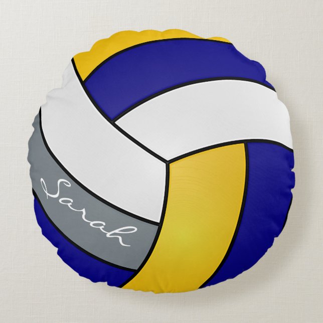 Coussins Ronds Volley-ball bleu, gris, jaune et blanc | Nom do-it (Devant)