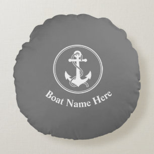 Coussins Ronds Votre Nom De Bateau Avec Câble Et Ancre En Gris