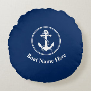 Coussins Ronds Votre nom de bateau avec corde et Ancre Navy Blue