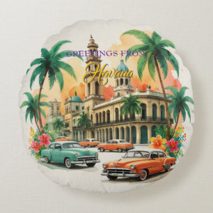 Coussins Ronds Voyage Cuba vintage - Salutations de La Havane