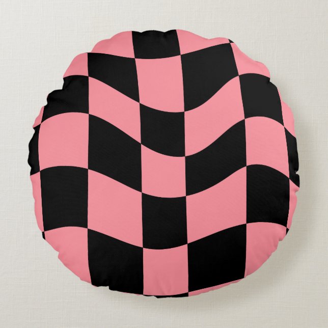 Coussins Ronds Warped Checkerboard Throw Pillow - Trippy Pink and (Devant)